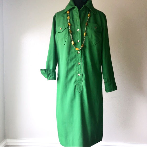 Vintage Dresses & Skirts - Vintage 1970’s Kermit green shirt dress
